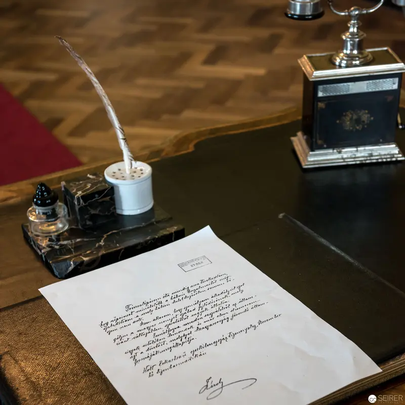 Antique Writing Desk with Quill Pen and Handwritten Document at Schloss Eckartsau