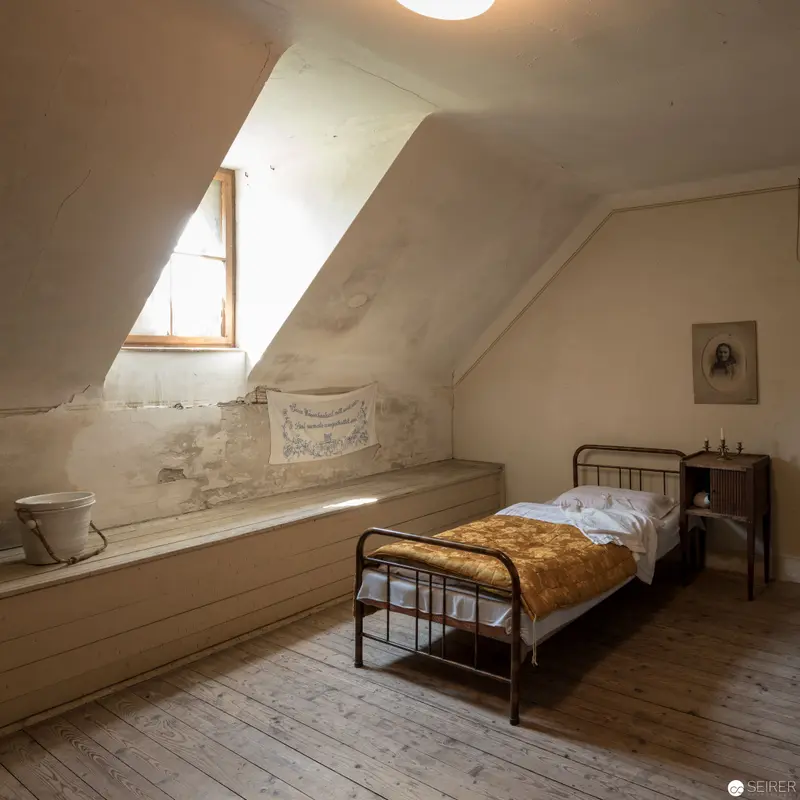 Sparse Attic Bedroom with Vintage Metal Bed in Historic Austrian Dwelling