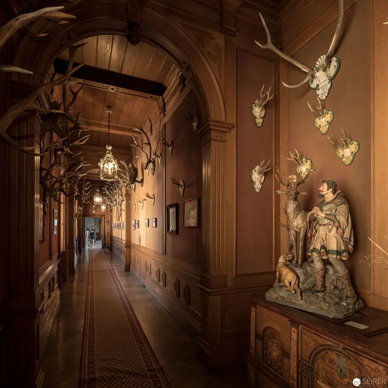 Baroque Hunting Lodge Interior with Antler Decor and Sculptural Tableau at Schloss Eckartsau