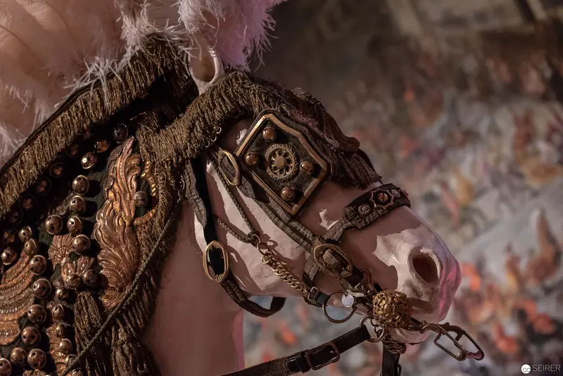 Ornate Carousel Horse with Baroque-Inspired Decorative Harness and Feathered Adornments