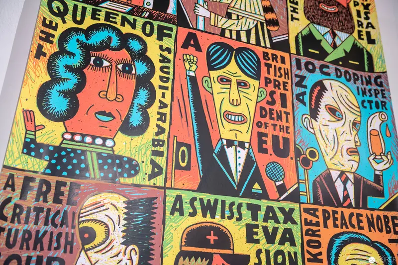 Vibrant Graphic Poster Design Showcasing Stylized Portraits and Social Commentary