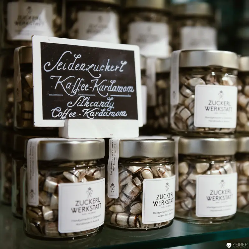 Seidenzucker Coffee-Cardamom Display at Zuckerlwerkstatt Vienna Artisan Workshop
