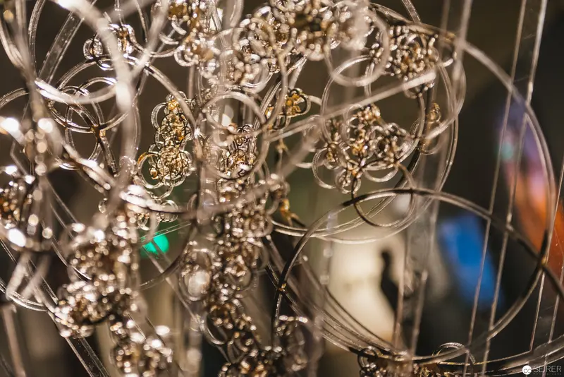 Intricate Glass and Metal Chandelier Sculpture with Organic Geometric Forms