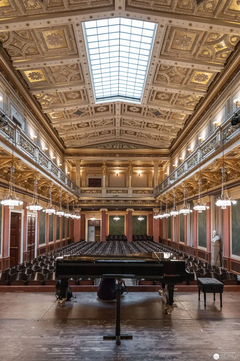 Grand Piano Centerpiece in Ornate Musikverein Concert Hall, Vienna