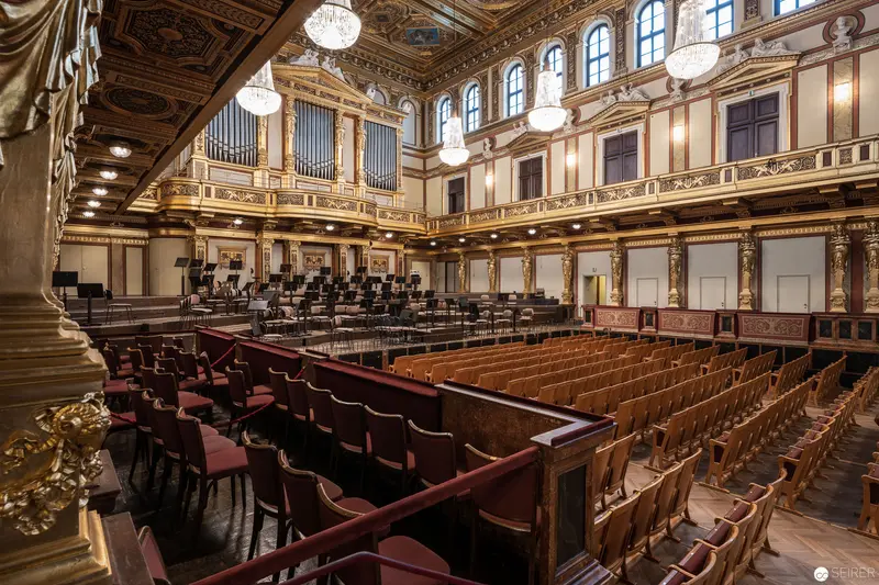 Musikverein's Grand Hall: Ornate Concert Space with Empty Wooden Seats and Pipe Organ