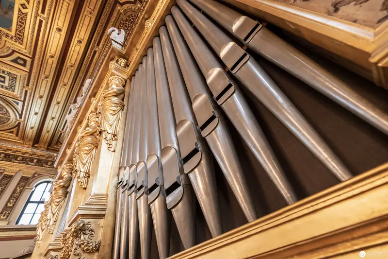 Ornate Organ Pipes in Golden Baroque Interior of Musikverein, Vienna