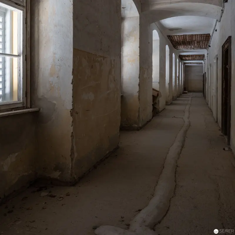 Decaying Institutional Corridor with Arched Walkway and Weathered Surfaces
