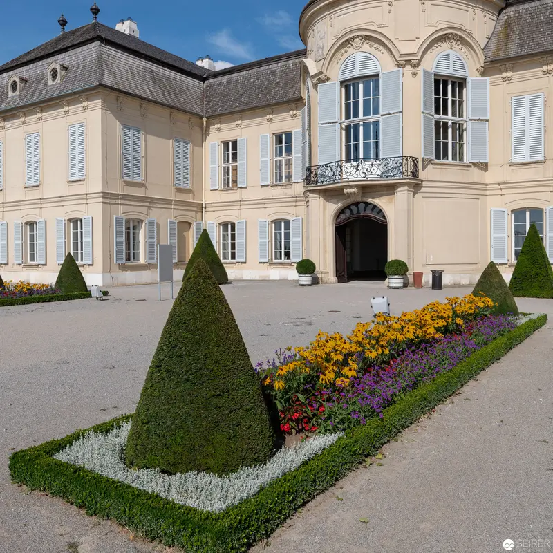 Baroque Palace Exterior with Geometrically Sculpted Topiary Garden Landscape