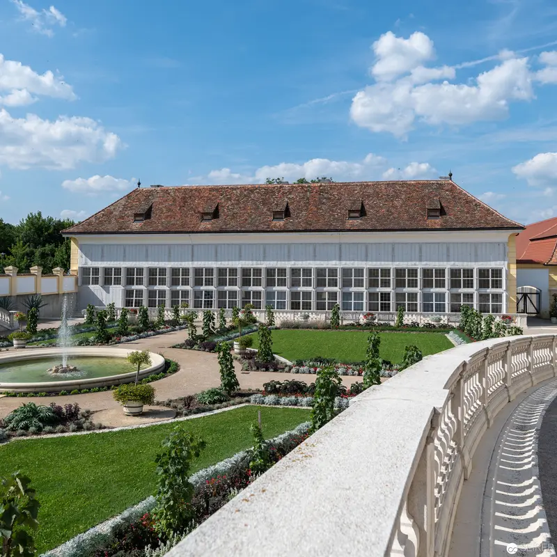 Ornate Baroque Garden Pavilion with Geometric Landscaping and Fountain
