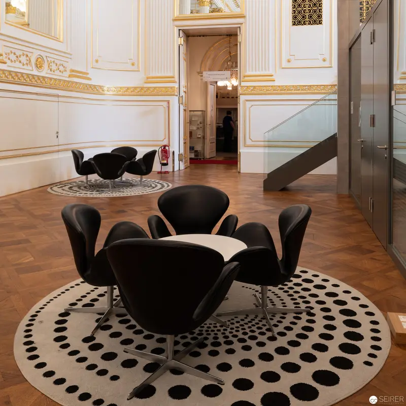 Swan Chairs in Ornate Neoclassical Interior with Geometric Floor Covering