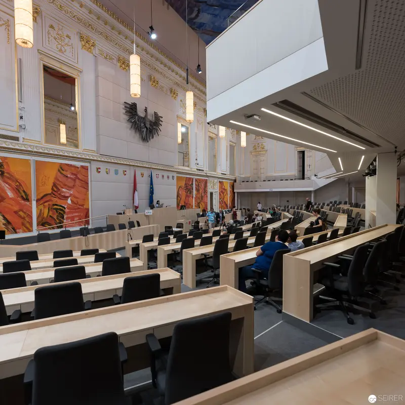 Austrian Parliamentary Chamber with Modernist Interior and Decorative Wall Panels
