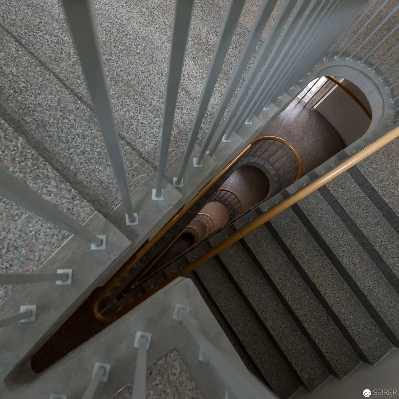 Architectural Spiral Staircase Viewed from Overhead in Monochromatic Perspective