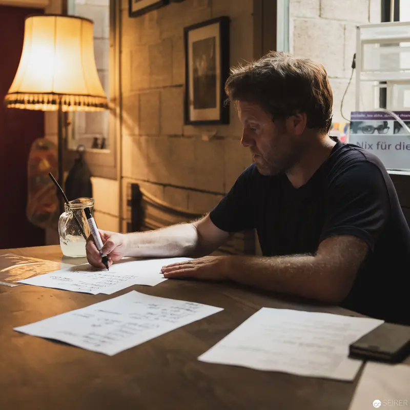 Solitary Writer Illuminated by Lamp, Documenting Thoughts in Quiet Domestic Space