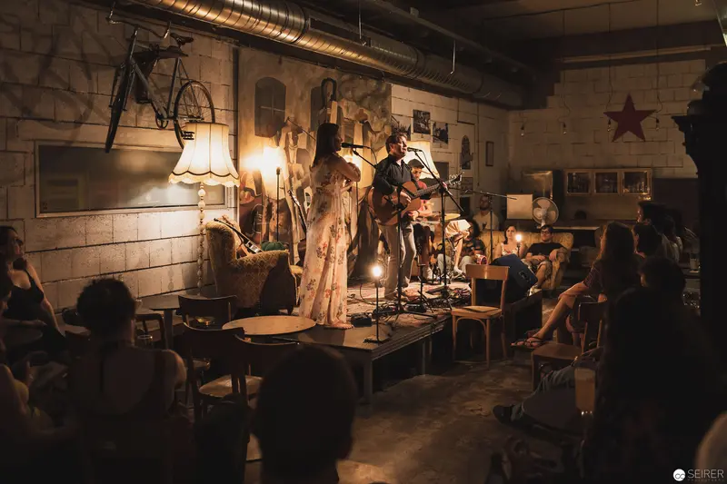 Intimate Acoustic Performance in Dimly Lit Underground Venue