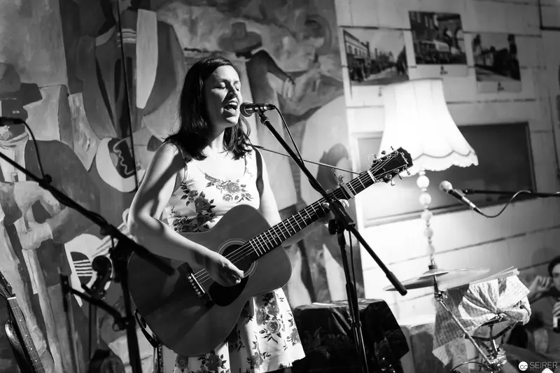 Acoustic Performance at Intimate Venue with Expressive Musician and Art-Filled Background