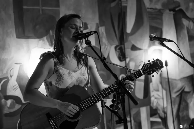 Acoustic Performance in Black and White: Musician with Guitar and Microphones