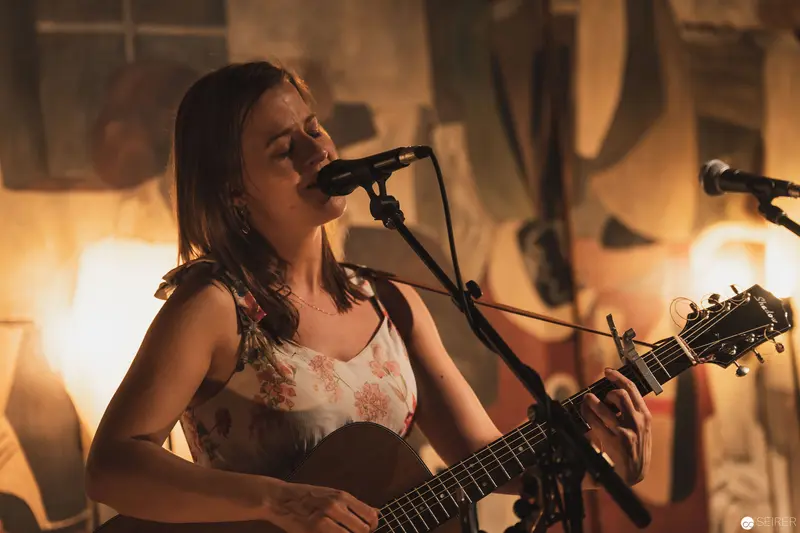 Intimate Acoustic Performance with Singer-Songwriter at Warmly Lit Venue