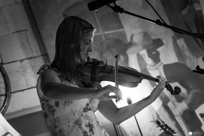 Violinist Performing in Dramatic Black and White Concert Lighting
