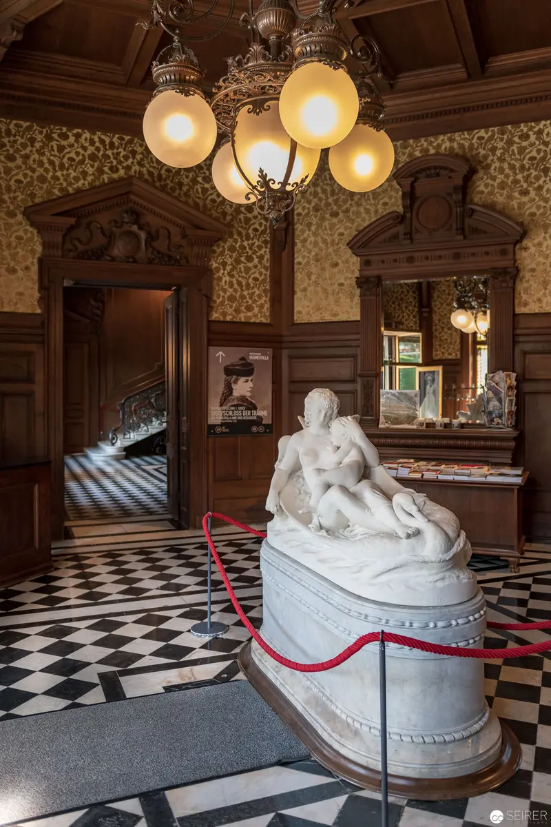 White Marble Sculpture in Ornate Hermesvilla Interior with Checkered Floor