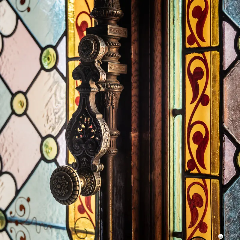 Ornate Stained Glass and Bronze Door Handle at Hermesvilla, Vienna