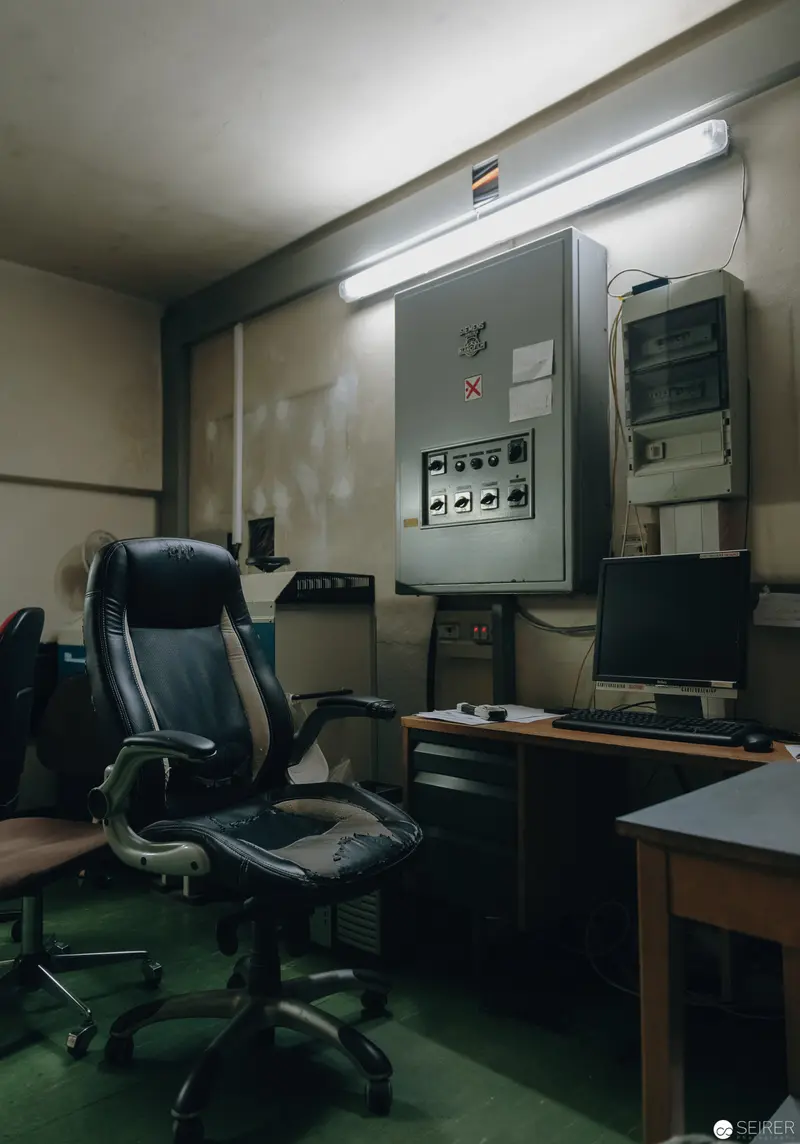 Dimly Lit Control Room with Office Chair and Monitoring Equipment