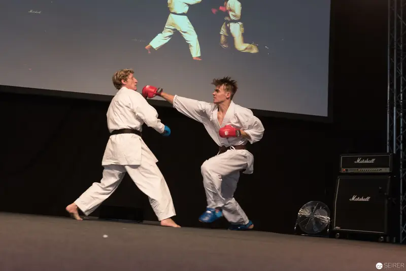 Martial Artists Demonstrating Karate Technique at Performance Stage