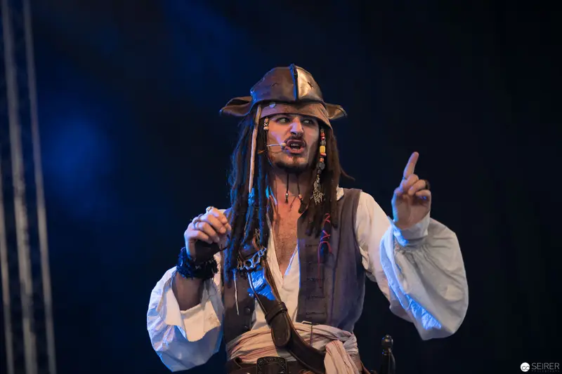 Pirate Performer at AniNite 2018 Theatrical Concert in Dramatic Blue Lighting