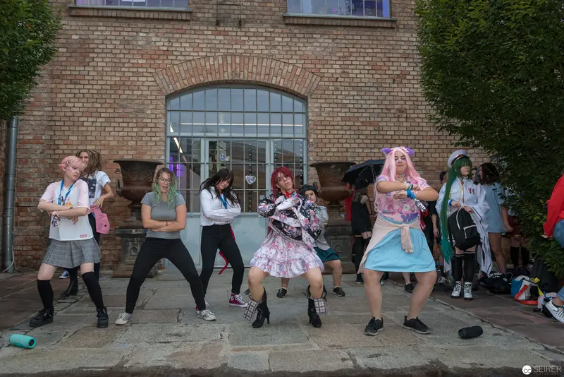 AniNite 2018: Cosplayers Performing in Theatrical Poses Outside Brick Building