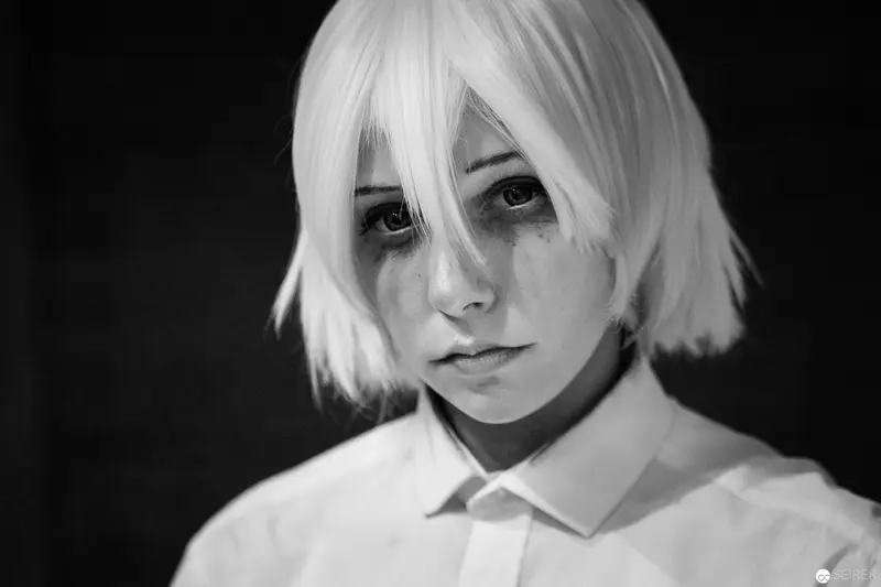 Black and White Portrait of Costumed Subject with White Hair