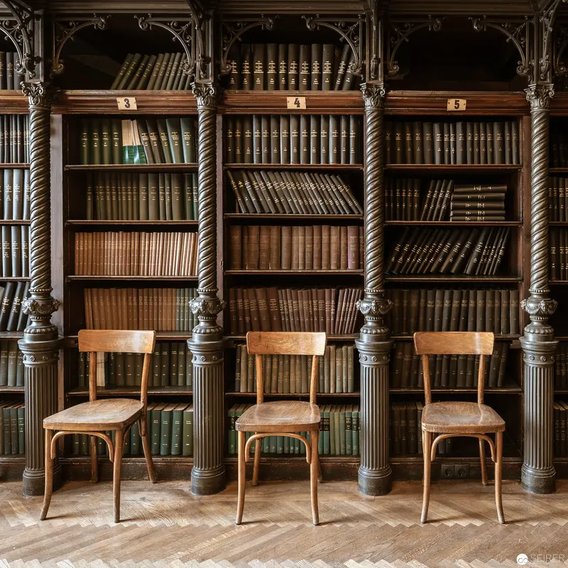 Ornate Library Interior with Wooden Chairs and Columned Bookshelves