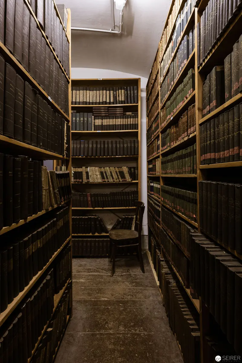 Archival Corridor: Dense Shelving of Aged Leather-Bound Reference Volumes
