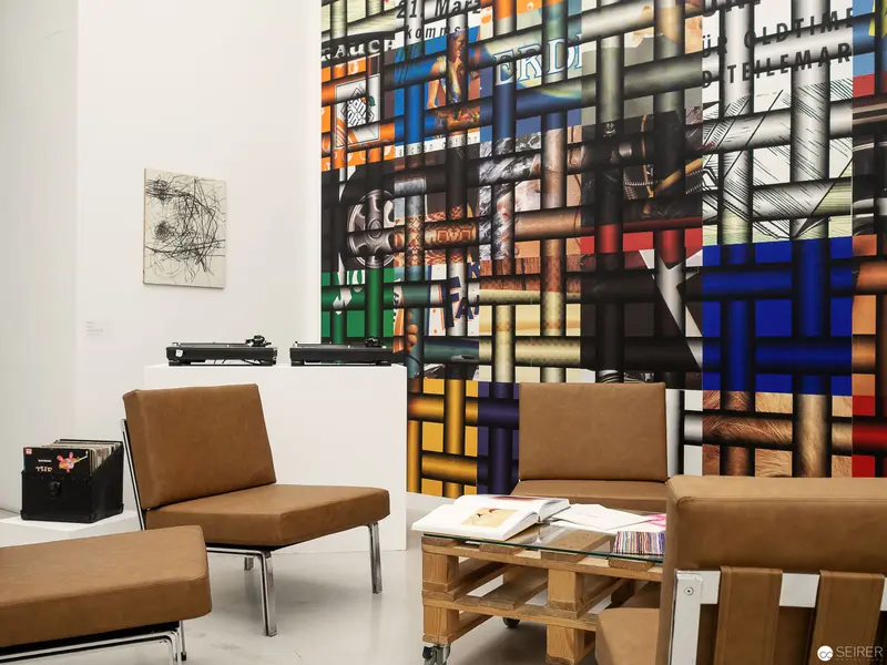 Modernist Interior with Abstract Wall Art and Minimalist Seating Design