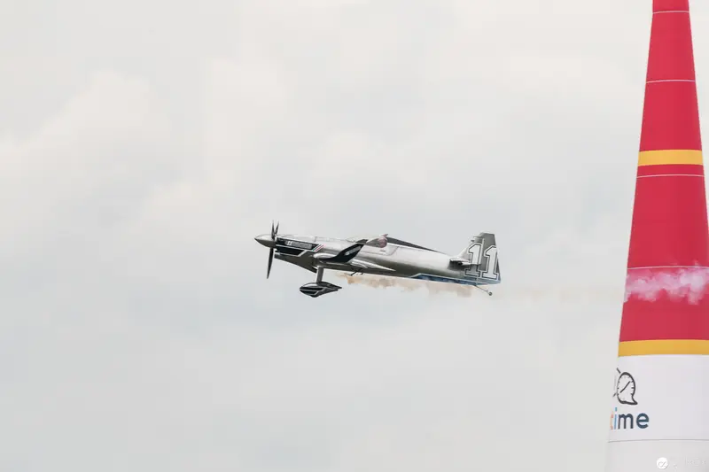 Red Bull Air Race Stunt Plane Performing Precision Aerial Maneuver Against Cloudy Sky