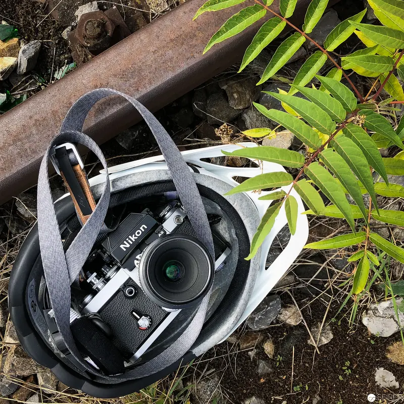 Vintage Nikon Camera Nestled Amid Industrial Landscape and Verdant Foliage