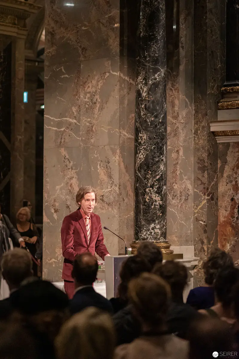 Wes Anderson Speaking at Kunsthistorisches Museum Wien in Red Suit