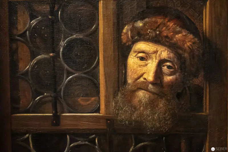 Elderly Bearded Man Framed by Latticed Window in Chiaroscuro Lighting