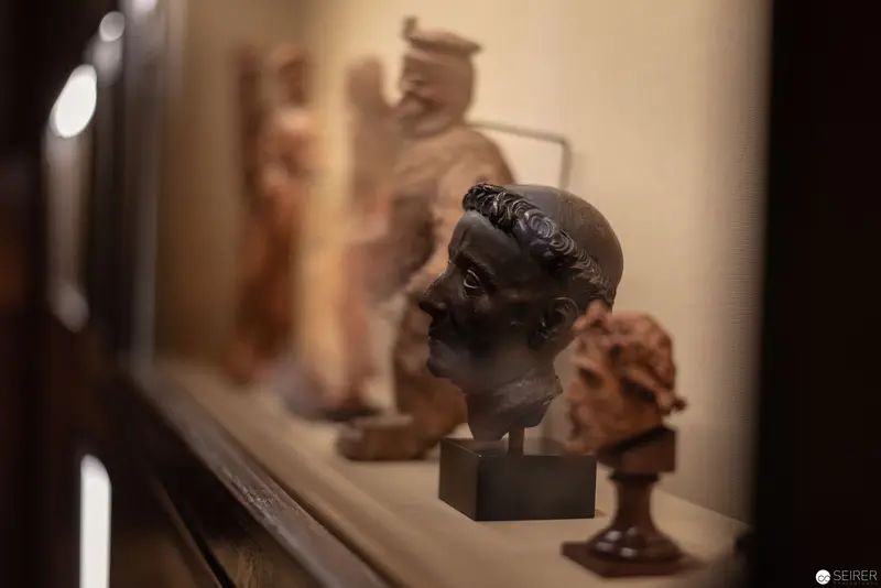Museum Display of Classical Sculpted Busts with Soft Focus and Muted Palette