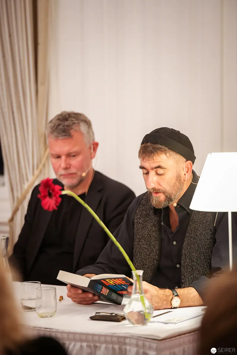 Arne Dahl's Book Reading at Buch Wien 2018: Two Authors at Presentation Table