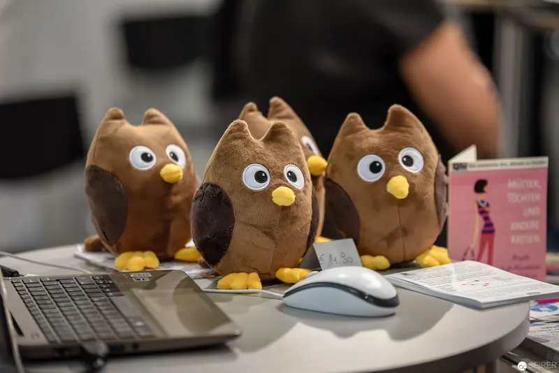 Three Decorative Owl Figurines on an Office Workspace
