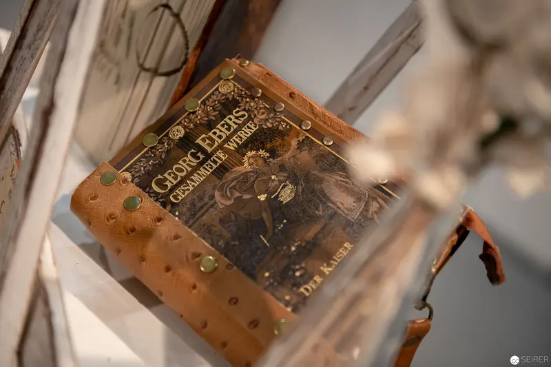 Georg Ebers Manuscript: Vintage Book in Leather Binding with Ornate Design