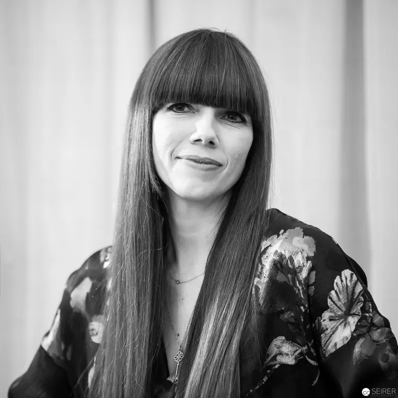 Monochrome Portrait of Woman in Floral Kimono with Straight Bangs