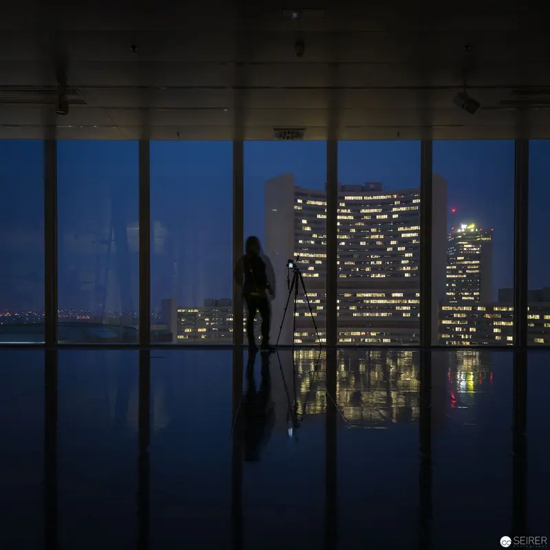 Nocturnal Urban Reflection: Silhouette Overlooking Illuminated Cityscape at Strabag Kunstforum