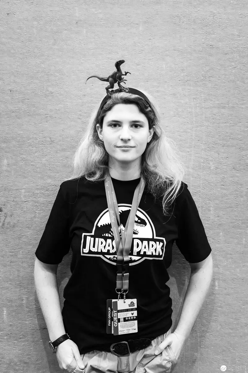 Jurassic Park Fan in Black and White Portrait at Comic Convention