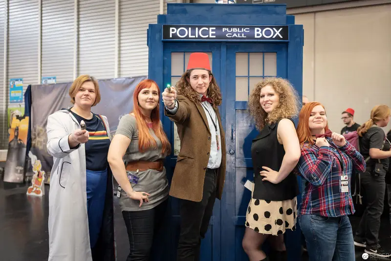 Doctor Who Fans Posing with TARDIS at Vienna ComicCon 2018 Cosplay Event