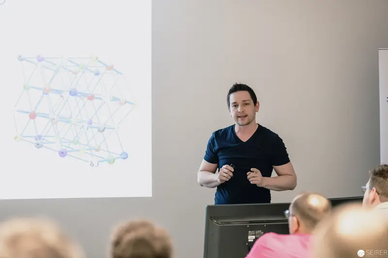 Technology Presentation with Network Visualization Slide in Academic Setting