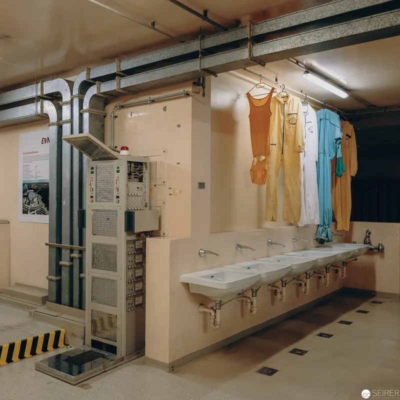 Zwentendorf Nuclear Power Plant Interior: Utility Room with Hanging Garments and Sinks