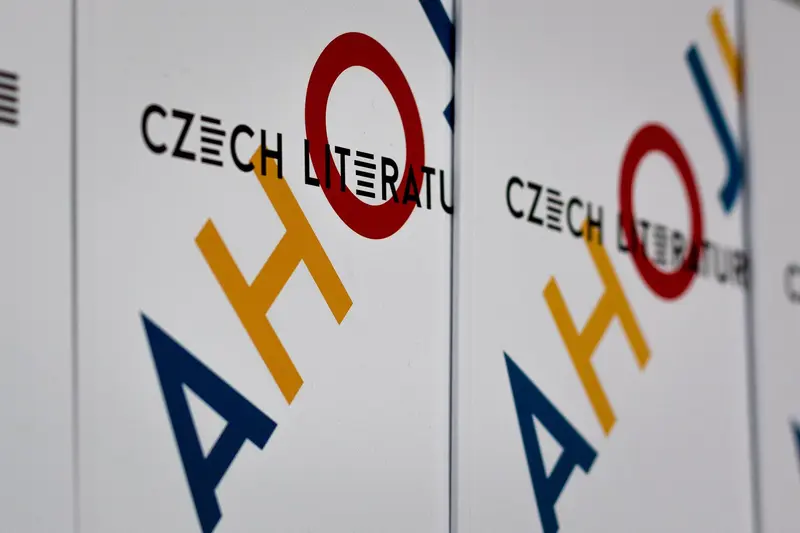 Czech Literature Logo Design Featuring Graphic Typography and Circular Red Accent