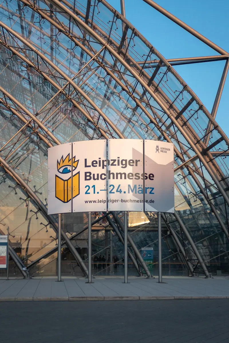 Leipzig Book Fair Sign at Architectural Steel and Glass Exhibition Hall Entrance