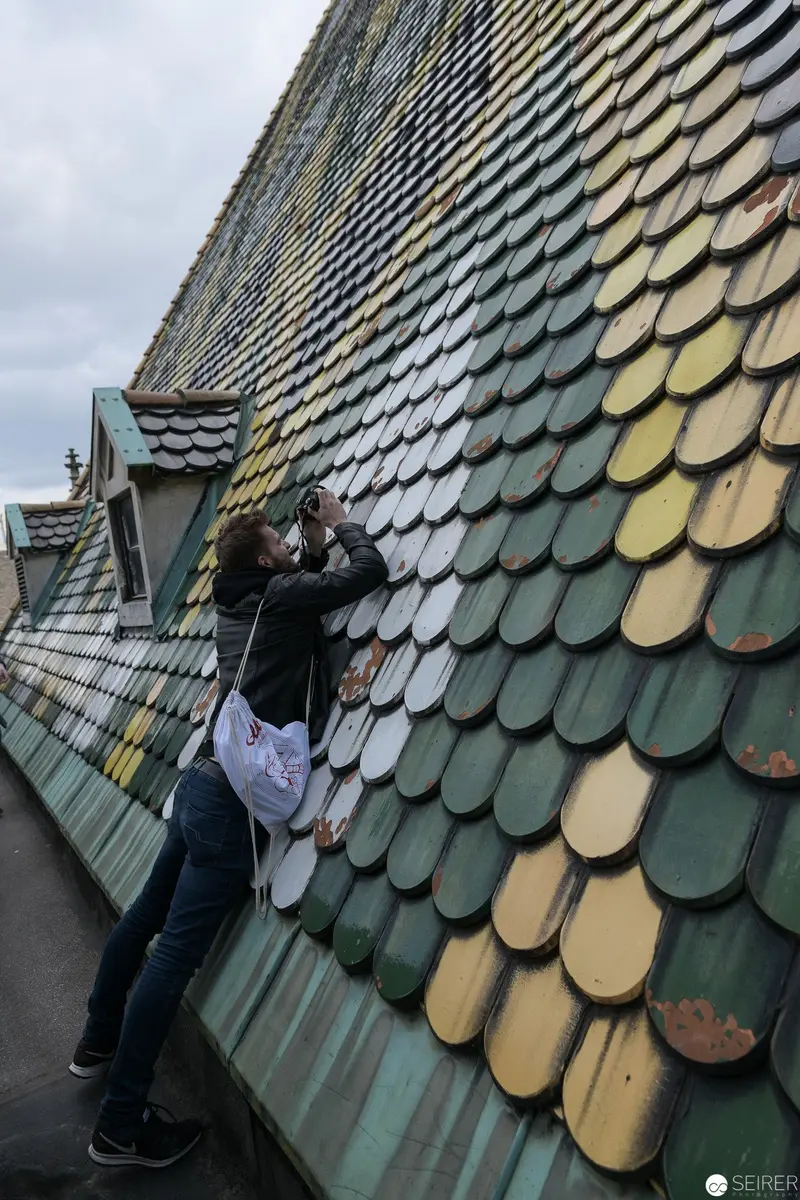 Steinmetz Working on Colorful Roof Tiles at St. Stephan Cathedral Construction Site