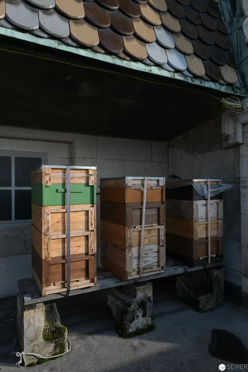 Wooden Beehives Stored Beside Architectural Stone Structure with Tiled Roof